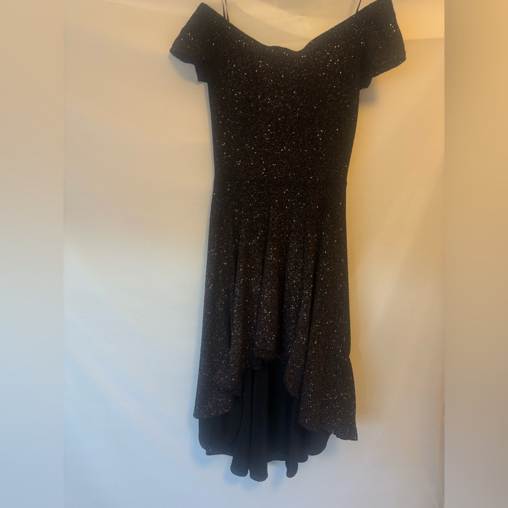 Windsor little black sparkle asymmetric midi dress, off shoulder cap sleeve
